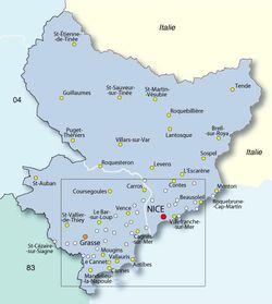 알프마리팀주의 지도, 2개의 아롱디스망으로의 분할과 주요 도시 및 마을의 위치를 보여줍니다