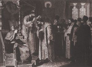 알렉세이 키브셴코의 표도르 이바노비치가 보리스 고두노프에게 금사슬을 선물한다