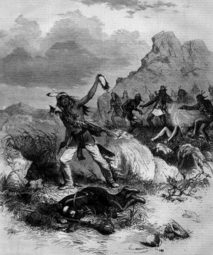 원주민들이 포로의 머리카락을 벗기고 구워 고문하는 모습, 1873년 출판