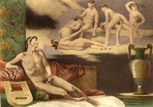 에두아르-앙리 아브릴의 De figuris Veneris 삽화 중 하나. 그는 자신의 음경을 손으로 자극하면서 성적 환상을 가지고 자위행위를 하는 남자를 묘사한다.
