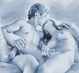 두 사람이 서로의 성기를 만지며 상호 자위행위를 하는 수채화