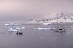 에스페란사 만에 떠 있는 선박. 만 내에 아르헨티나의 에스페란사 기지가 있다.