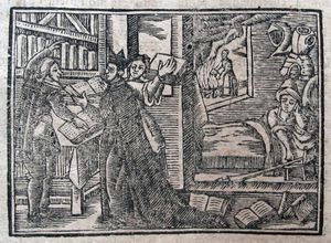 1741년 목판화, 돈 키호테의 서재 검토 및 소각 묘사