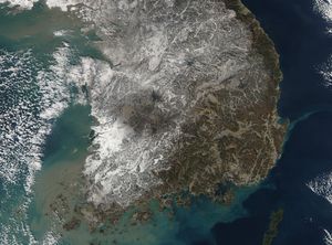 한국의 농업은 추운 겨울을 포함한 사계절을 견뎌야 한다. 이 사진은 2022년 12월 27일 남한에 영하 9도의 눈이 내린 사진이다.