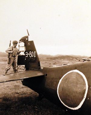 1945년 9월 요코스카에서 일본군에게 노획된 F6F-5를 검사하는 미 해병대원