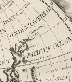 1700년 지도. 일본 혼슈 북동쪽에 'Companies Land'가 주요 섬 또는 대륙의 일부로 표시되어 있다.