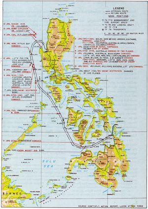 1945년 1월, 미 해군의 린가옌 만 접근 (지도)