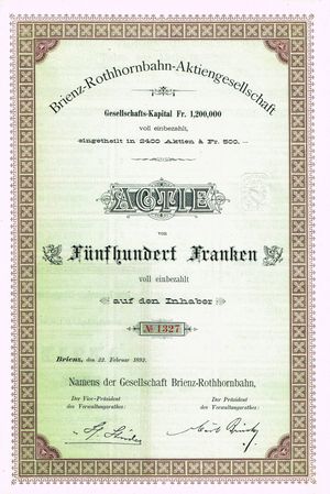 브리엔츠 로트호른 철도 주식, 1892년