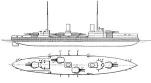 1913년 브래시의 해군 연감에 묘사된 폰 데어 탄; 음영 처리된 부분은 장갑 보호를 나타낸다.