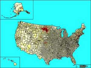 2000년 인구 조사에 따른 러시아계 미국인의 분포. 빨간색은 더 높은 밀집도를 나타냄