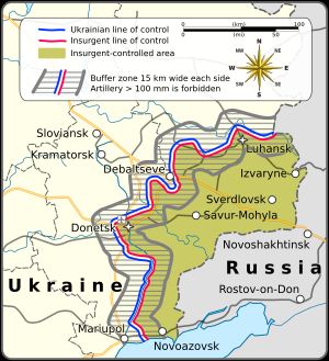 양 국의 통제 지역 및 완충지대를 그린 지도.