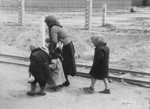 헝가리 여성과 아이들이 1944년 5월 또는 6월에 아우슈비츠-비르케나우에 도착함 (아우슈비츠 앨범에서 가져옴).