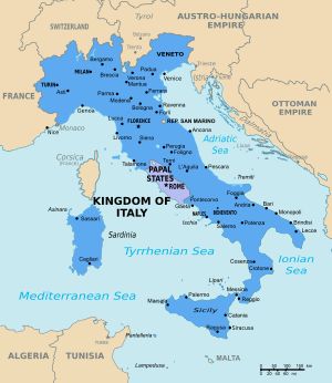 1870년 초 이탈리아 왕국 (하늘색)과 교황령 (보라색)