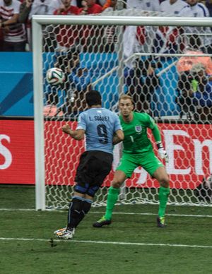 2014 FIFA 월드컵에서 우루과이의 루이스 수아레스를 상대로 뛰는 하트 (오른쪽).