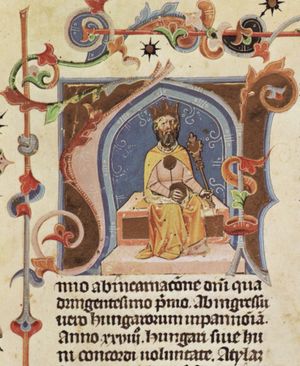 왕좌에 앉은 아틸라 (그림 연대기, 1358)