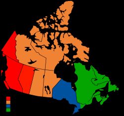 캐나다의 개략적인 지도. 온타리오, 퀘벡, 마리타임의 세너터스 방송 지역을 표시함