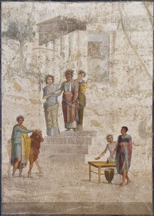 펠리아스가 한쪽 신발이 없는 젊은 제이슨을 알아본다(폼페이의 프레스코화, 서기 1세기)
