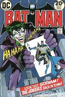 "Batman" cover, with the Joker holding an ace of spades with Batman on it