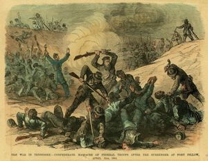 "테네시 주의 전쟁, 1864년 4월 12일 포트 필로 항복 후 연방군 학살"(프랭크 레슬리의 일러스트 뉴스, 1864년 5월 7일, 채색)