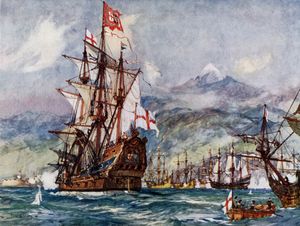 찰스 딕슨의 그림, 로버트 블레이크의 기함 세인트 조지가 1657년 산타 크루스 데 테네리페 해전에 참전한 모습.