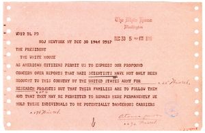 미국 반관용 위원회가 해리 S. 트루먼에게 보낸 페이퍼클립 작전에 대한 항의 전보 초안의 첫 페이지, 1946년 12월 30일, 알버트 아인슈타인을 포함한 여러 서명자가 서명함