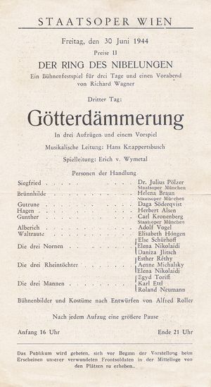 오래된 건물에서의 마지막 공연 프로그램: 신들의 황혼, 1944년 6월 30일