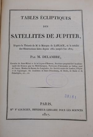1817년 들랑브르의 "목성의 위성의 식 테이블" 복사본 표지. 이 표지에는 라플라스의 기여가 언급되어 있다.