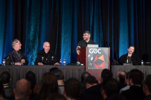 2018년 게임 개발자 회의(Game Developers Conference)에서 가리엇(왼쪽), 롱, 코스터, 리치 보겔