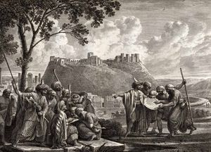 루이-프랑수아 카사스가 그린 18세기의 홈스 삽화. 그림의 앞부분에서 화가는 경비병과 호기심 많은 현지인들에게 둘러싸여 홈스 성채를 스케치하고 있다.