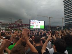 바투미에 설치된 팬 구역에서 경기를 관람하고 챔피언십 역사상 첫 골(터키전)을 축하하는 조지아 팬들