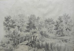 19세기에 새뮤얼 로스틸 라인스가 그린 셜리의 콜강 위에 있는 나무 다리