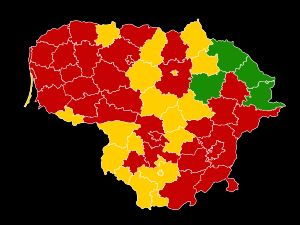 11월 4일 전국 봉쇄 발표 전인 10월 30일 리투아니아 위험 구역 지도.
