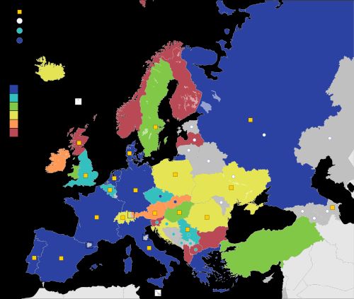 각 국가별 최고 성적 지도. 독일과 서독은 하나로 계산되어 10개국이 우승했다. 짙은 회색은 독립 국가 자격으로는 한 번도 예선 통과를 못한 경우를 의미한다. 흰색 점이 있는 국가는 1960년에 소련과 함께 우승했다. 노란색 사각형이 있는 일부 국가는 2020년 토너먼트에서 전체 토너먼트를 주최한 것이 아니라 한두 경기를 주최했다.