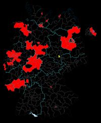 선거구별 결과 – SPD (빨간색), PDS (보라색), FDP (노란색), CDU/CSU (검은색)