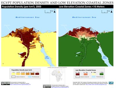 인구 밀도와 해발 고도가 낮은 해안 지역. 나일강 삼각주는 특히 해수면 상승에 취약하다.