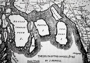 제임스 레넬이 1778년 지도에서 현재 볼라가 된 사우스 샤바즈푸르섬(DECCAN 샤바즈푸르로 표시됨)