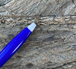 마이오나이트 내에 여러 개의 주입맥이 있는 지진성 슈도타킬라이트 단층맥(메인 주 포트 포스터).