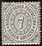 1868년 북독일 7-크로이처 우표. 북독일 국가의 우편 서비스는 독일 제국 우편의 전신인 북독일 우편 구역으로 통합되었다.