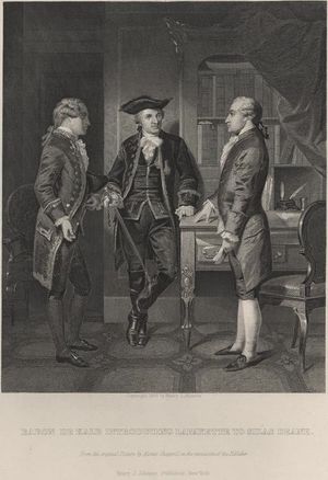 1879년 앨론조 채플이 그린 라파예트(중앙)가 요한 데 칼브 남작(왼쪽)에 의해 사이러스 딘에게 소개되는 모습