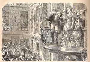 A illustration of Lafayette and the Queen on the balcony with crowds below