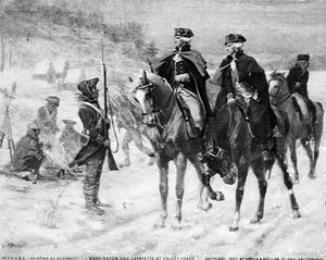 Painting of two men on horses talking to a sentry