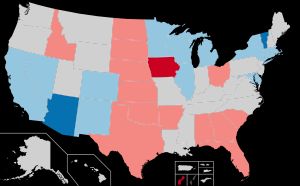 2022년 미국 법무장관 선거 결과. 파란색 계열은 민주당 승리 또는 유지, 붉은색 계열은 공화당 승리 또는 유지를 나타낸다. 회색은 선거가 없었던 주이다.