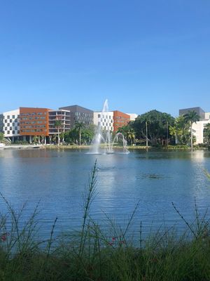 레이크사이드 빌리지, 마이애미 대학교의 25개 연결 건물로 구성된 주거 단지, 2020년 9월 Lake Osceola가 전경에 위치