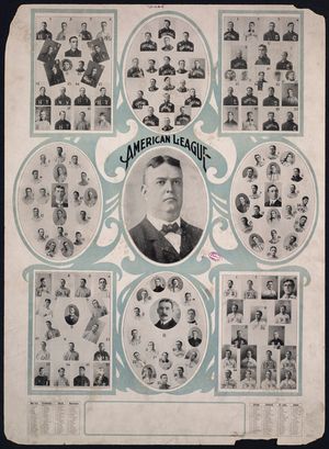 1907년 리그의 8개 팀 초상화에 둘러싸인 아메리칸 리그 회장 겸 설립자 밴 존슨.