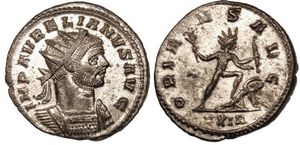 oriens Augusti}}(아우구스투스의 떠오르는 태양/별)를 기념한다. 전설: IMP. AVRELIANVS AVG. / ORIENS AVG. – XIR.