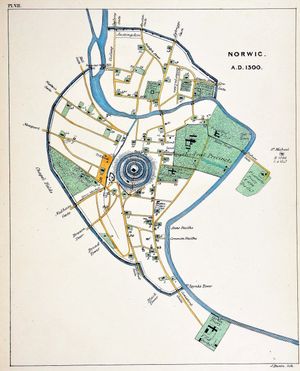 1847년에 사무엘 우드와드가 그린 1300년경 노리치 지도. 지도 하단에 성 율리아 교회가 '7'로 표시되어 있다.