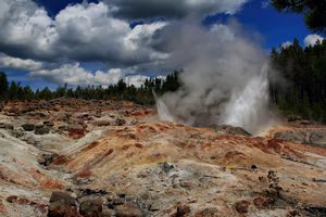 Water and steam erupting from rocky, barren ground, and fir trees in the background