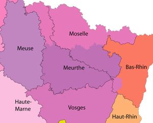 1870년 로렌: 색상은 원래의 도(department)의 영토를 나타낸다.