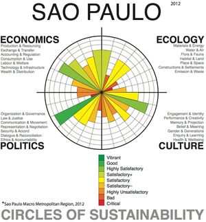 UN과 메트로폴리스 협회(Metropolis Association)의 '지속 가능성 서클(Circles of Sustainability)' 방법을 사용하여 상파울루 시의 대도시 지역에 대한 도시 지속 가능성 분석