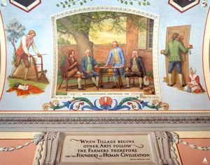 앨린 콕스의 1974년 초상화. 미국 하원 건물 1층에 전시되어 있으며, 미국 헌법의 주요 제정자 4명이 벤자민 프랭클린의 정원에서 만나는 모습을 담고 있다. 왼쪽부터: 알렉산더 해밀턴, 제임스 윌슨, 제임스 매디슨, 벤자민 프랭클린